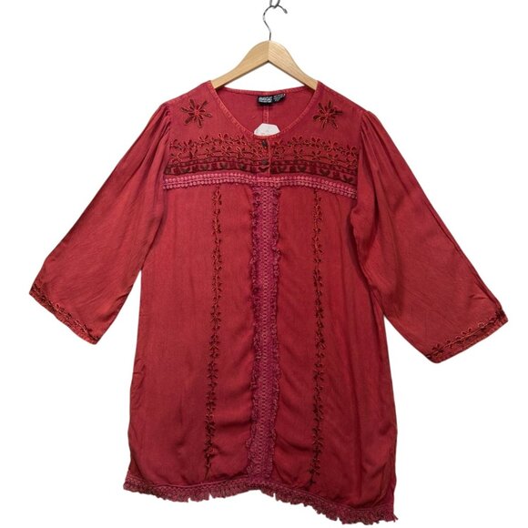 NWT Anandas Collection Womens Tunic Blouse Large Red Embroidered Casual Boho Top - Picture 1 of 13